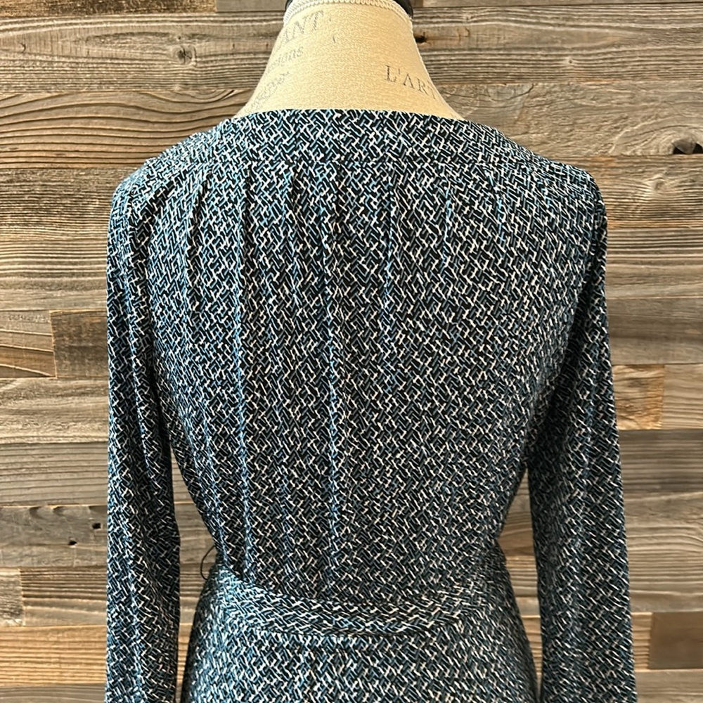 Lands End Blue Patterned Midi Tie Waist 3/4 Length Sleeve Dress Size XS 2-4 - Picture 6 of 9